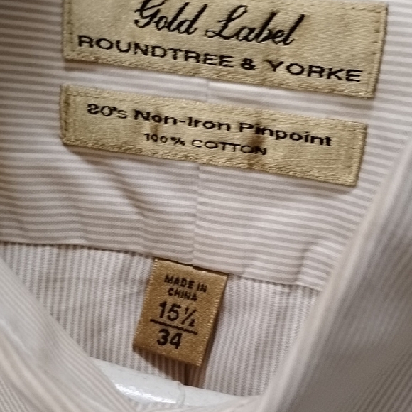 Roundtree & Yorke Tan Casual Button Down Shirt Men's 100 Cotton Striped Button D - Picture 4 of 10